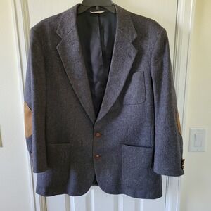 Stewart County Tweed Sport Coat Blazer Jacket 44R Wool Leather Elbow Patch Gray